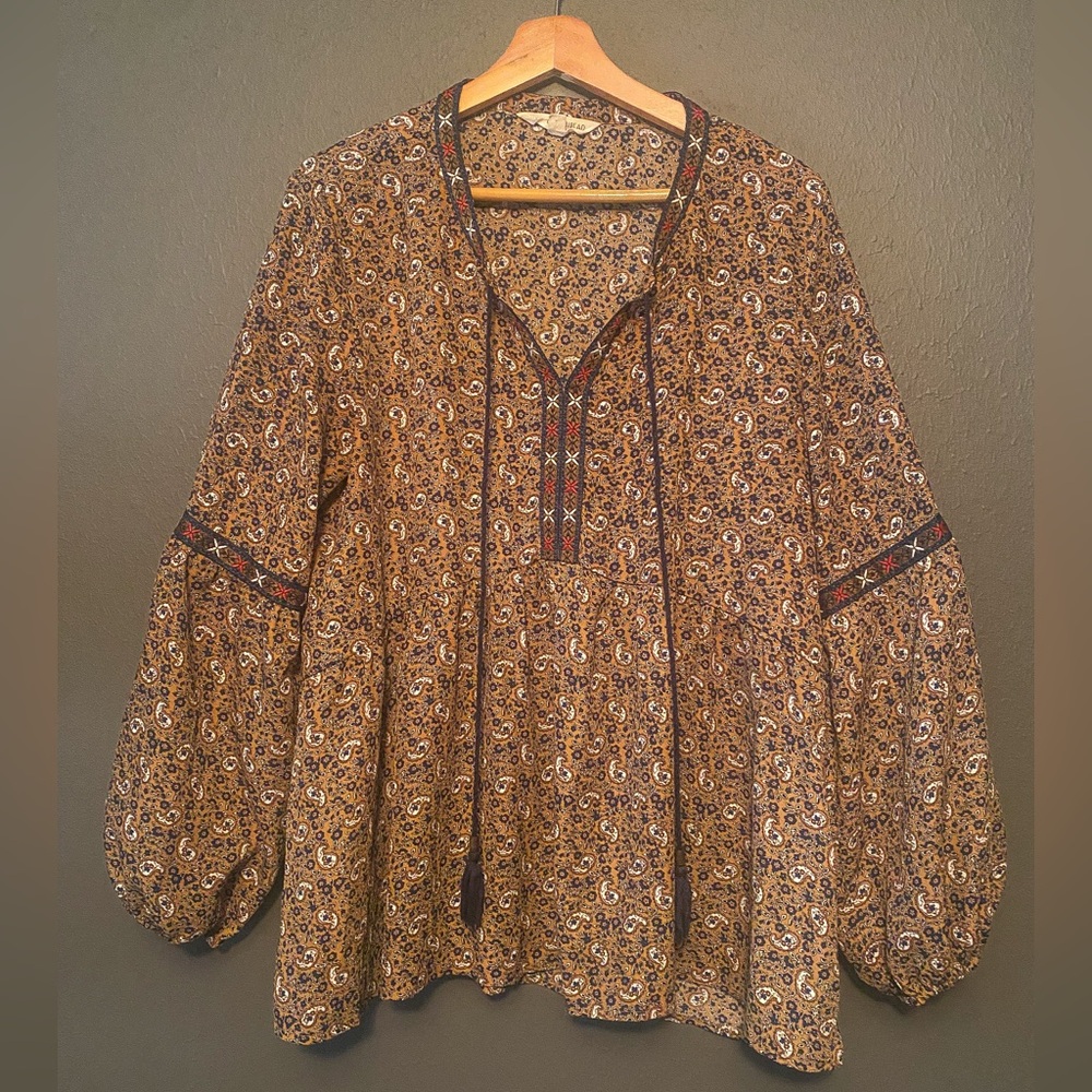 Vintage-Inspired Bohemian Paisley Peasant Blouse in Brown and Cream